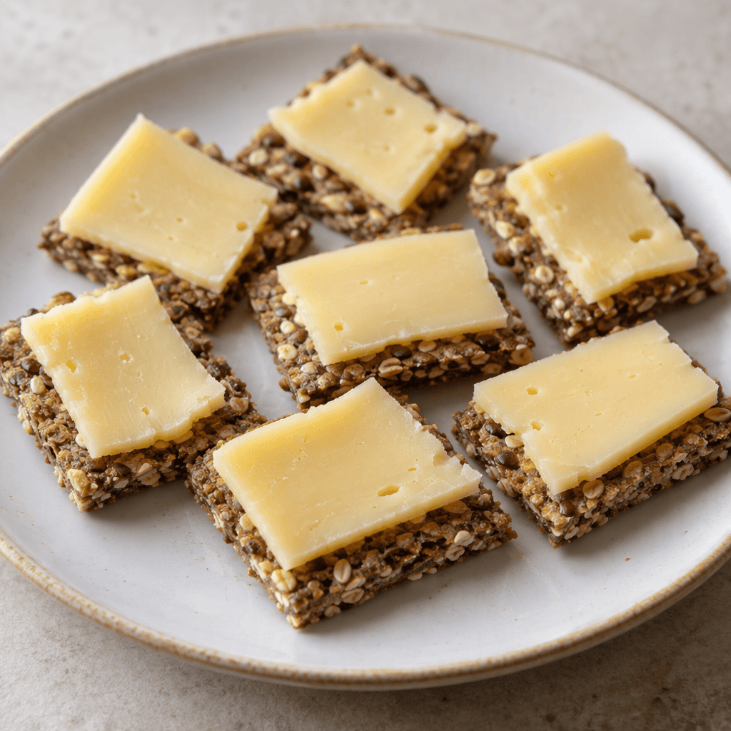 Small bite-sized pieces of crisp bread are topped with smooth, pale-yellow cheese and arranged neatly on a serving plate.