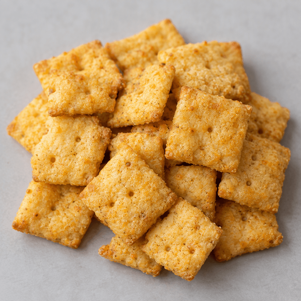 Small, square, golden-yellow crackers with lightly browned edges, tiny perforations, a dry crumbly surface, and a few visible darker cheese specks, arranged in a loose pile.
