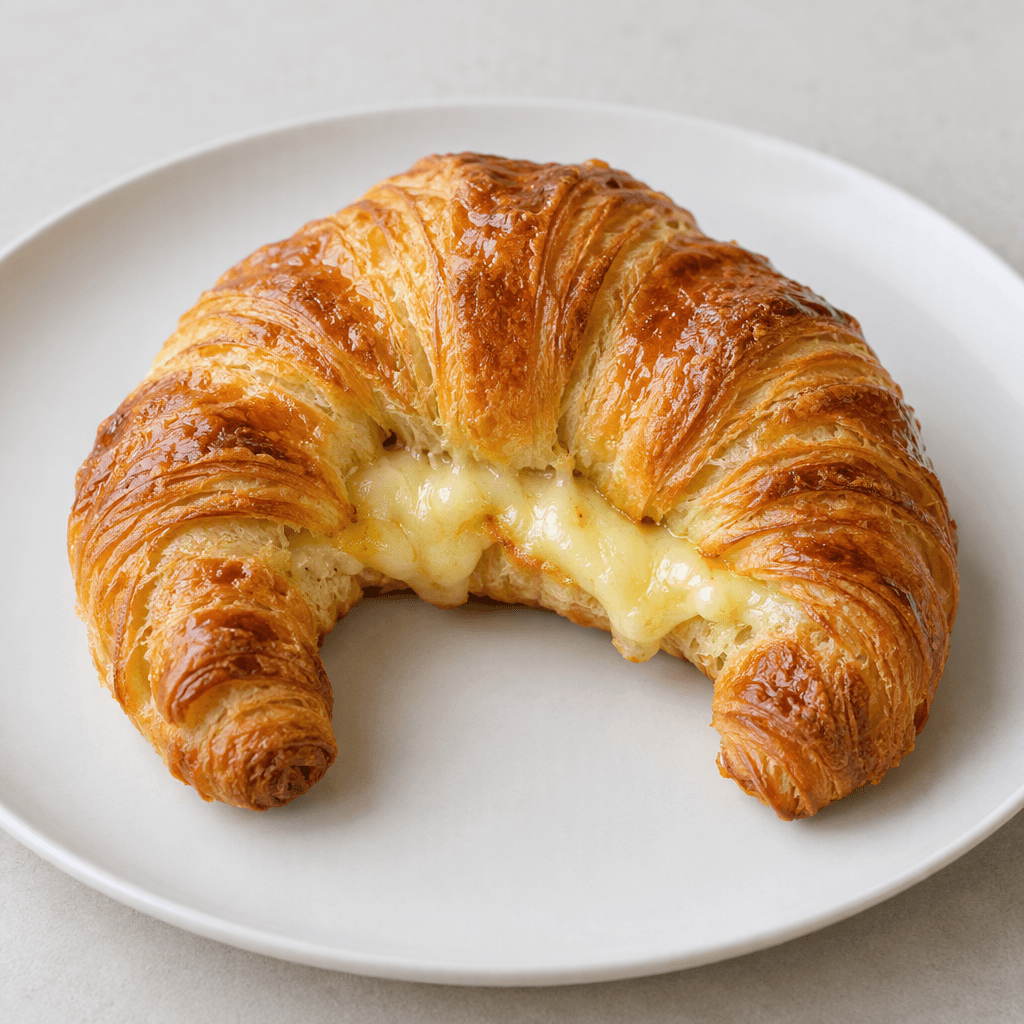 A crescent-shaped, golden-brown laminated pastry with visibly flaky layers, a pale straw-yellow melted cheese filling peeking from the split, and a lightly glossy, crisp surface, served on a plain plate.