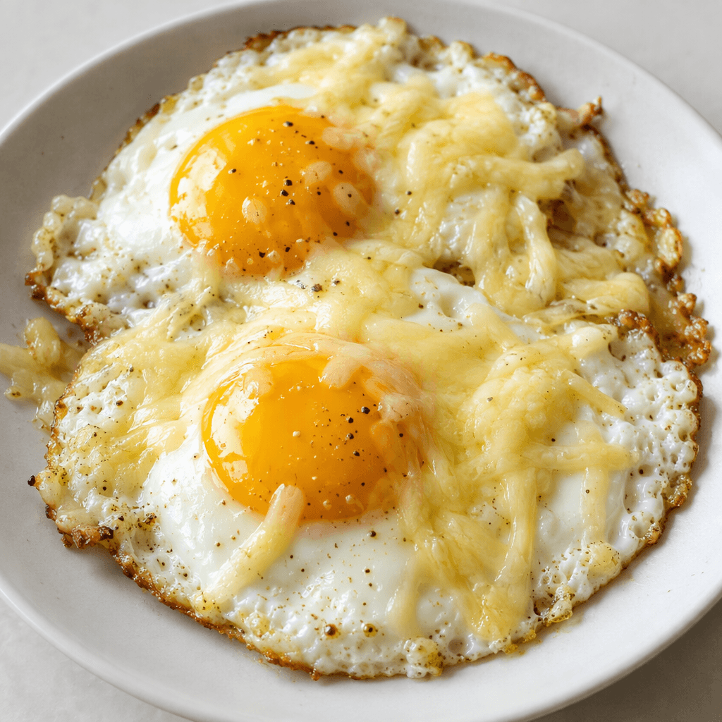 Two fried eggs with set white edges and glossy golden-yellow yolks sit in a shallow dish, partially covered with melted pale straw-yellow cheese that forms soft, uneven strands and patches.