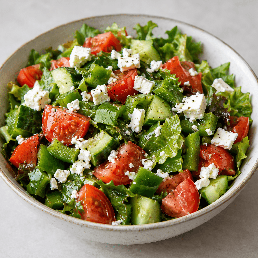 A colorful salad of chopped tomatoes, cucumbers, green peppers and leafy greens, scattered with small irregular cubes of white crumbly cheese and served in a shallow bowl.