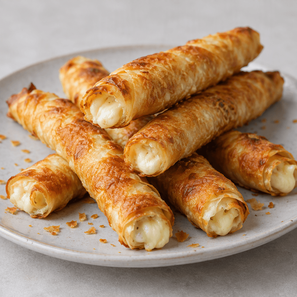 Several slender, tightly rolled pastry tubes with blistered, golden-brown flaky layers, visibly filled at the ends with pale melted cheese, arranged on a plate with a few crumbs scattered around them.