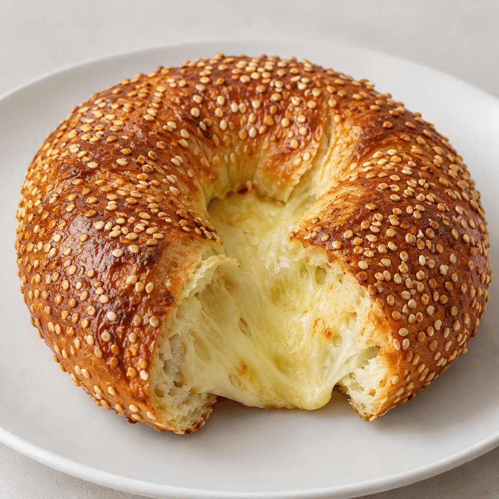 A thick, round bread ring with a glossy deep golden-brown crust densely covered in sesame seeds, split open to reveal a soft pale straw-yellow melted cheese filling, served on a plain plate.