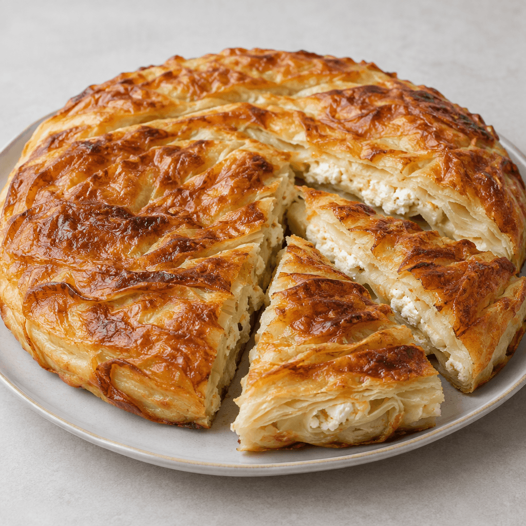 A round, thick börek with crinkled layers of pale pastry, a glossy deep-golden surface with darker browned ridges, and soft white cheese visible between the layers and at the cut edges, served in wedges on a plate.