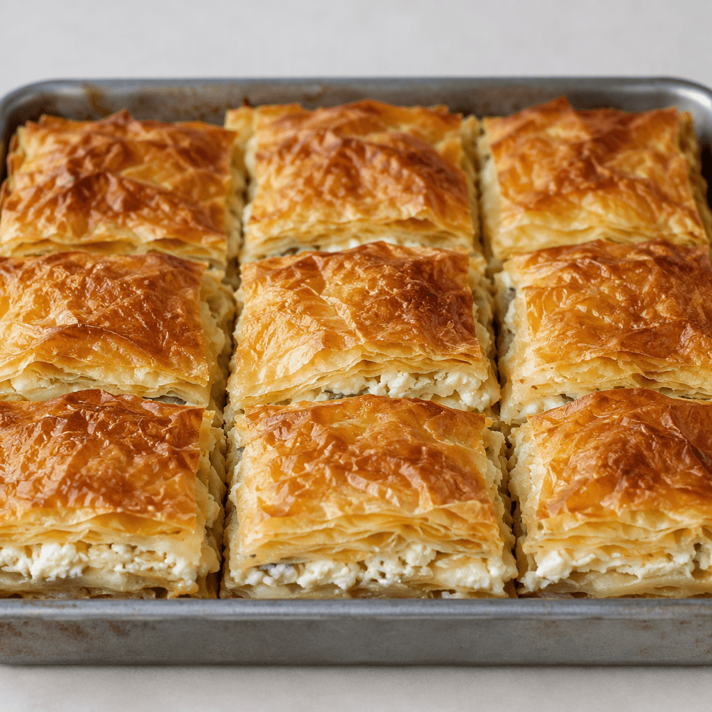 A rectangular tray of layered pastry is cut into square portions, with a deeply golden, flaky top and visible pale white cheese filling between the thin sheets.