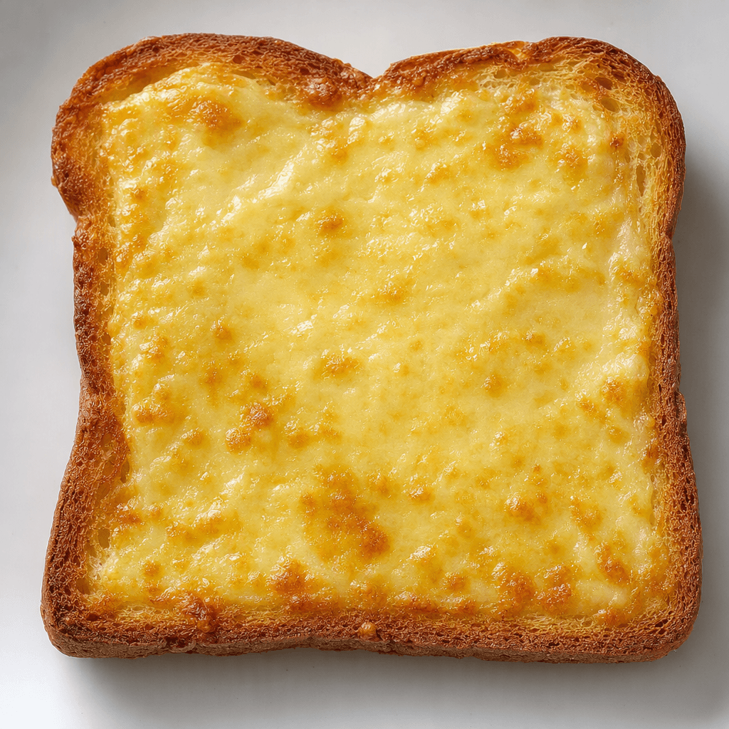 Kenarları hafifçe kızarmış bir dilim tost ekmeğinin üzerinde, yüzeyi düzgün ve hafif parlak, erimiş açık sarı peynir tabakası görülüyor.