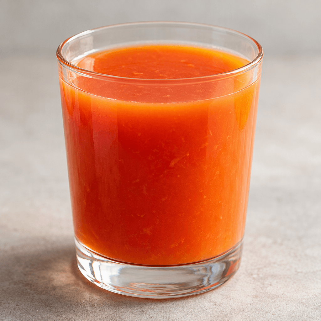 A clear glass holds opaque, slightly pulpy juice in a rich orange-red colour, with a smooth surface and a few lighter orange highlights.