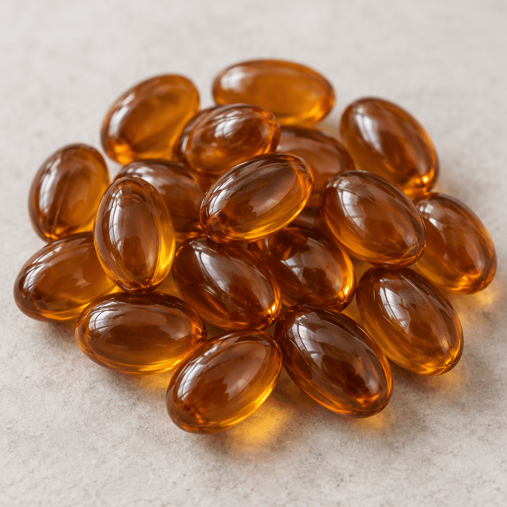 Small, smooth, oval, amber-brown capsules with a slightly glossy surface, arranged on a plain surface.