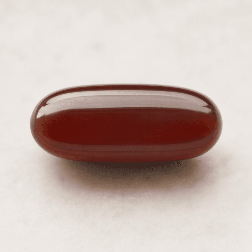 A smooth, glossy, oblong capsule with a deep reddish-brown shell and rounded ends.