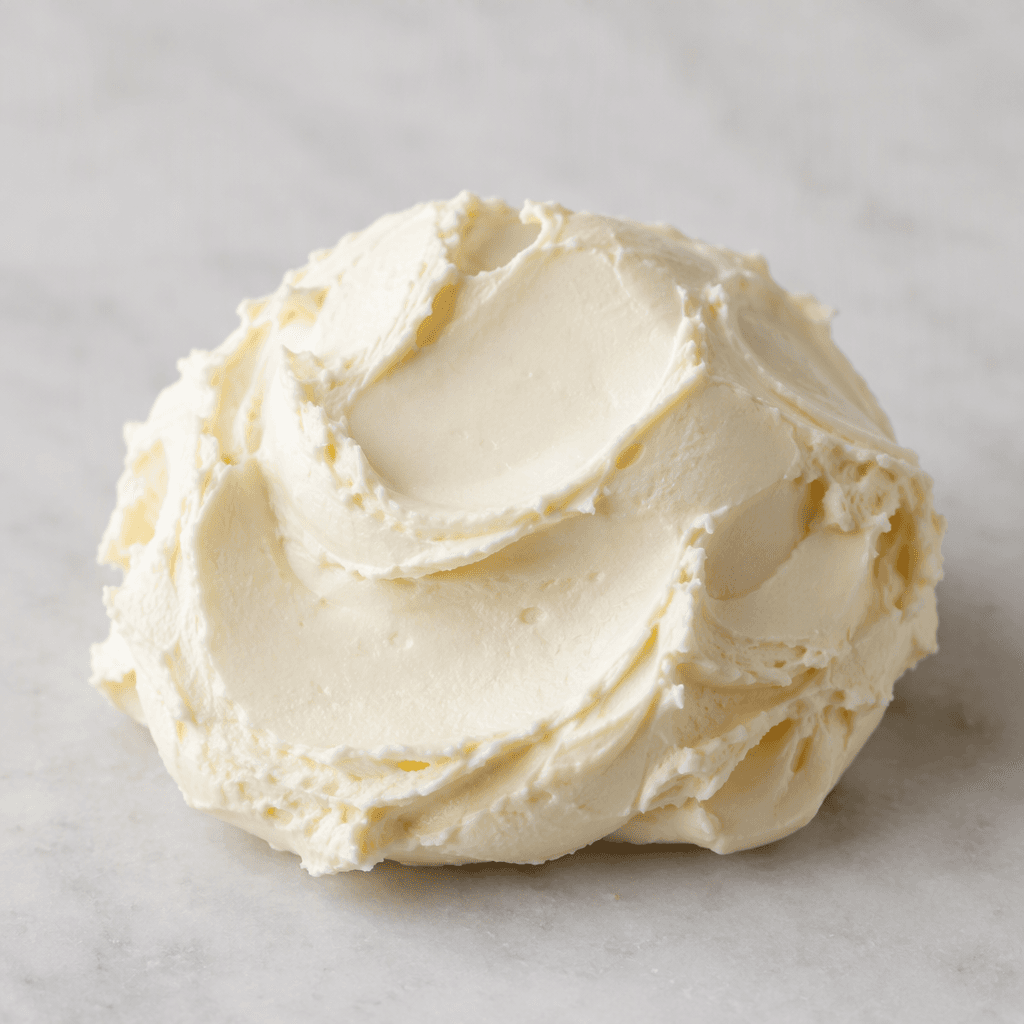 A smooth, pale ivory spreadable cheese with a soft, creamy texture, shaped into a small mound with a few gentle spatula marks.