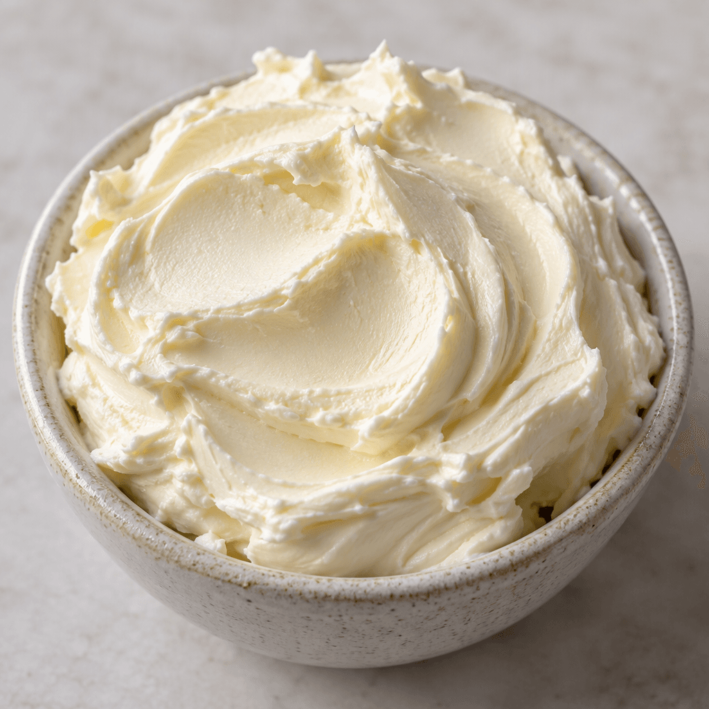 A mound of pale ivory, thick, smooth dairy spread sits in a small dish, with soft swoops and shallow ridges across its creamy surface.