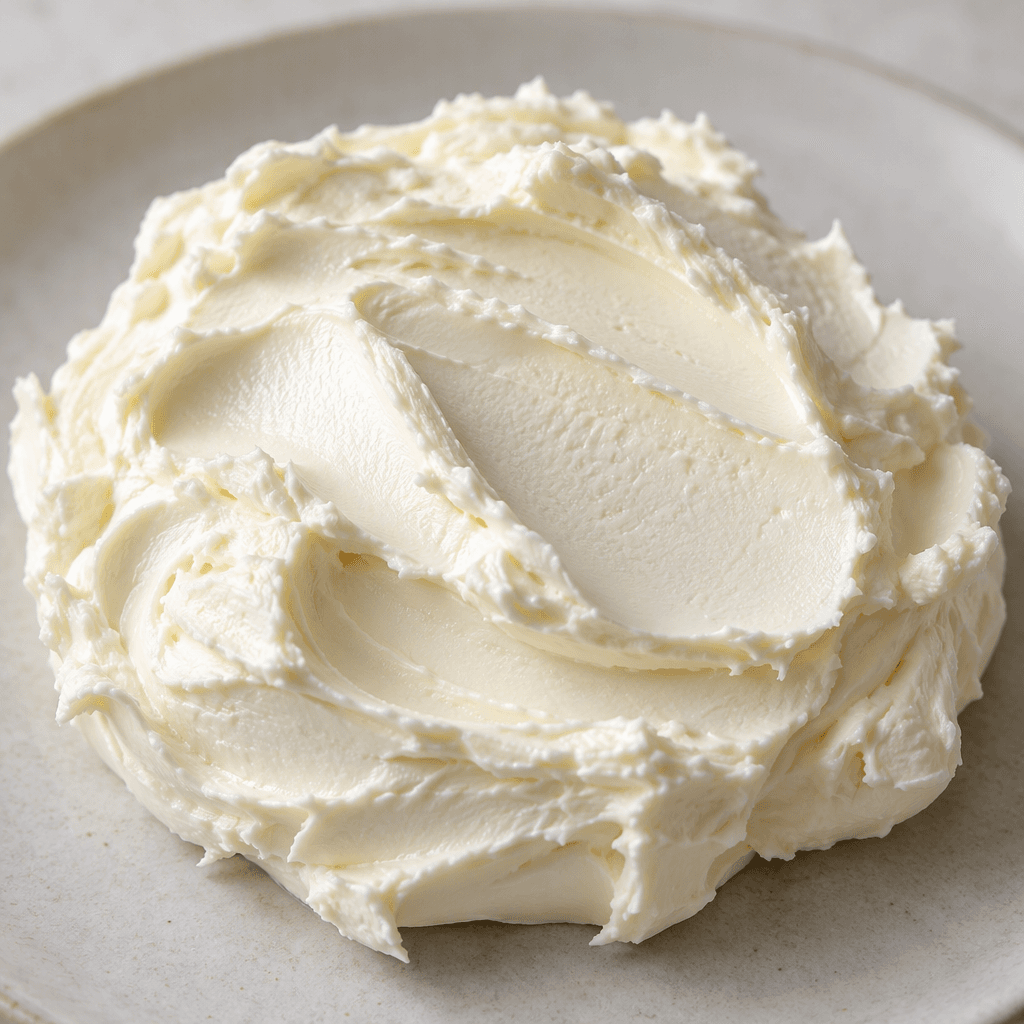 A pale ivory, smooth, soft cheese sits in a thick spreadable dollop with gentle spatula ridges.