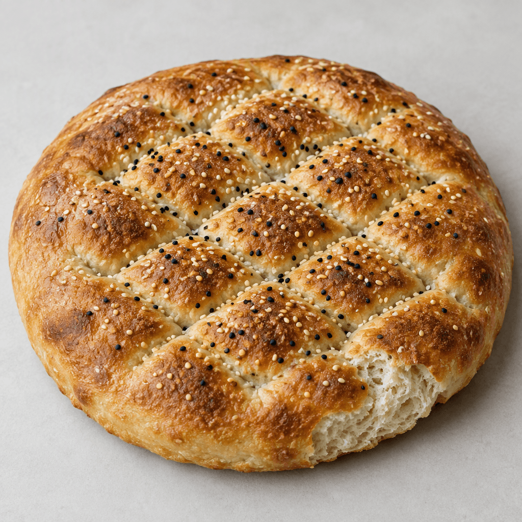 A round, slightly flattened Turkish flatbread with a golden-brown crust, a soft pale interior visible along a torn edge, and a shallow diamond-shaped pattern pressed across the top, lightly sprinkled with sesame and black nigella seeds.