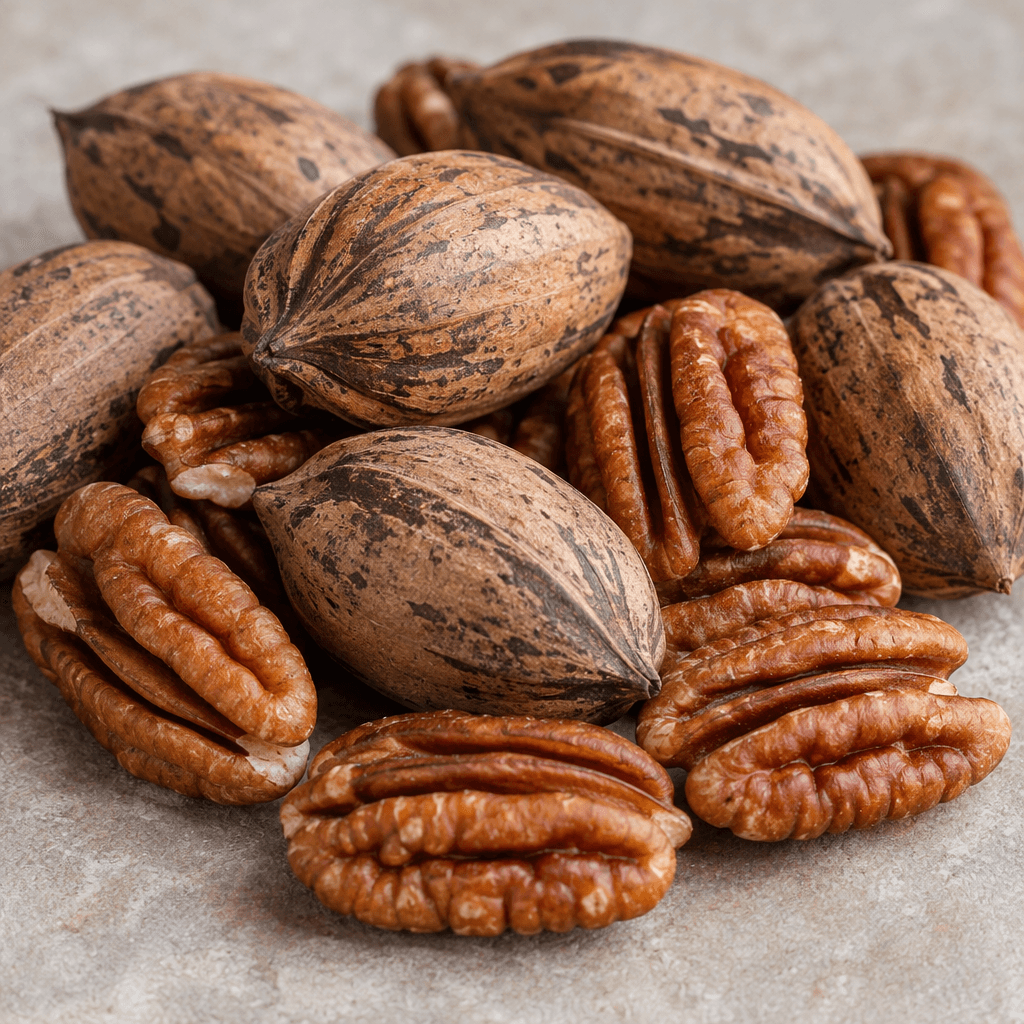 Whole raw pecans have elongated oval shells with pointed ends, ridged grooves, and a matte, mottled tan-to-brown surface; shelled pecan halves are deeply grooved, curved, and warm reddish brown.