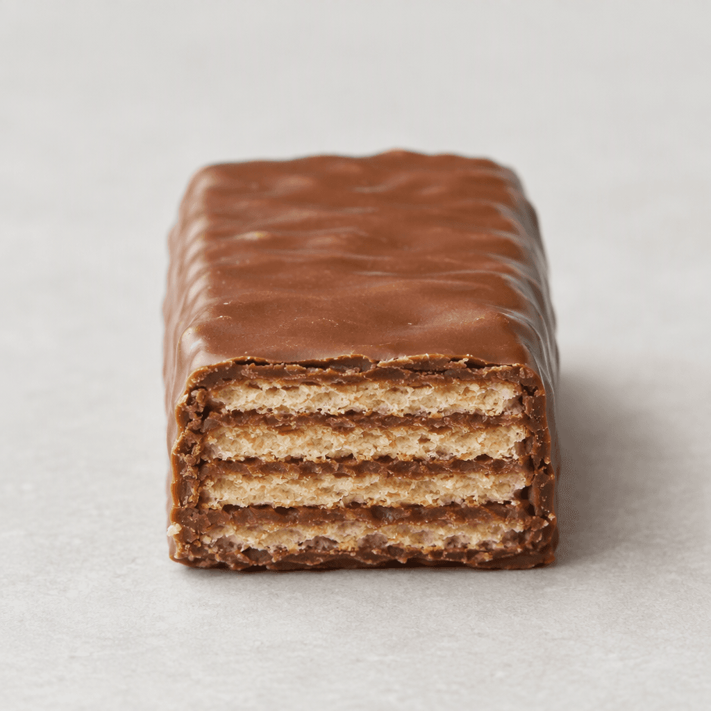 A small, rectangular bar coated in smooth brown chocolate, with thin, pale wafer layers visible where the crisp interior is exposed.