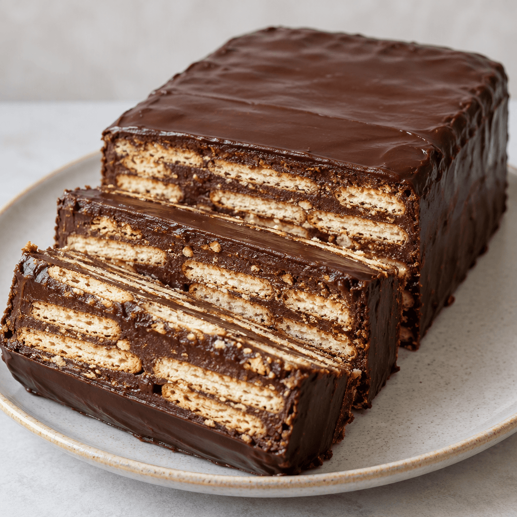 A rectangular biscuit cake with pale biscuit layers visible through thick chocolate-colored cream, finished with a smooth dark coating and cut into neat slices on a plate.