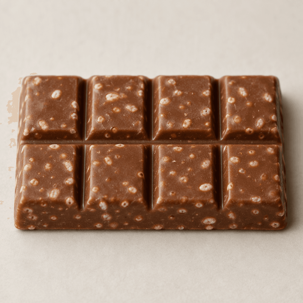 A small rectangular milk-chocolate bar with a smooth medium-brown surface, dotted with tiny pale puffed-rice pieces and divided into shallow segments.