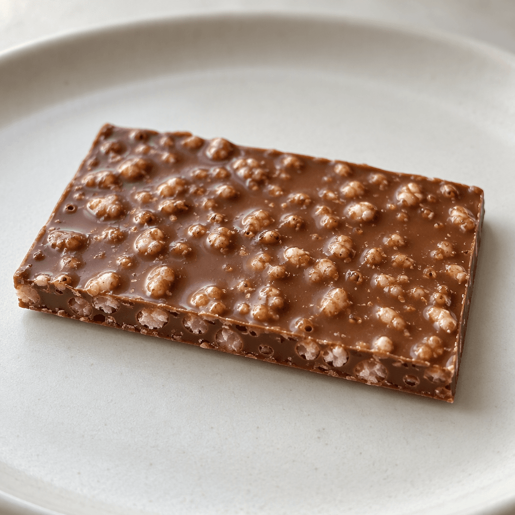 A small, flat rectangular piece of glossy milk chocolate, dotted with tiny crisp rice pieces and set on a plain plate.