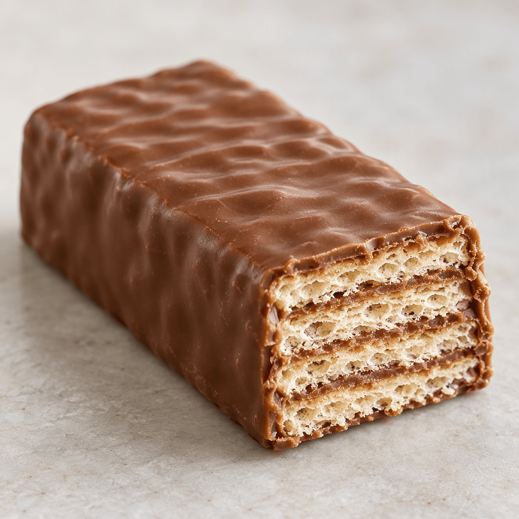 A small rectangular wafer bar coated in smooth milk chocolate, with thin pale, crisp wafer layers visible at one end.