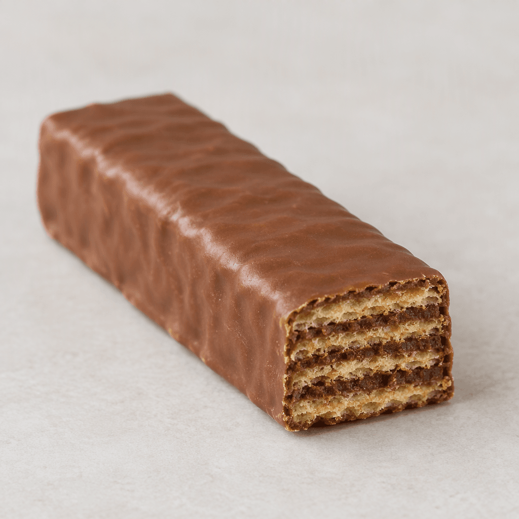 A small, narrow rectangular wafer bar with a smooth milk-chocolate coating, showing thin pale-golden wafer layers and dark cocoa filling at a cut end.