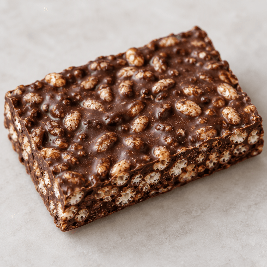 A rectangular, dark-brown chocolate bar with small, pale golden puffed-rice pieces embedded throughout its slightly uneven surface and an airy, crisp interior visible at the edges.
