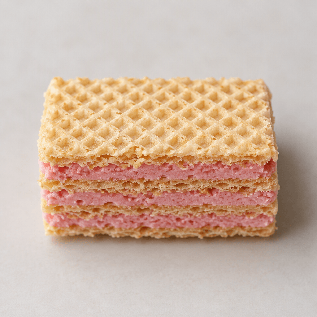 A small rectangular wafer bar with crisp, pale-golden grid-patterned layers and pink strawberry cream visible between them.