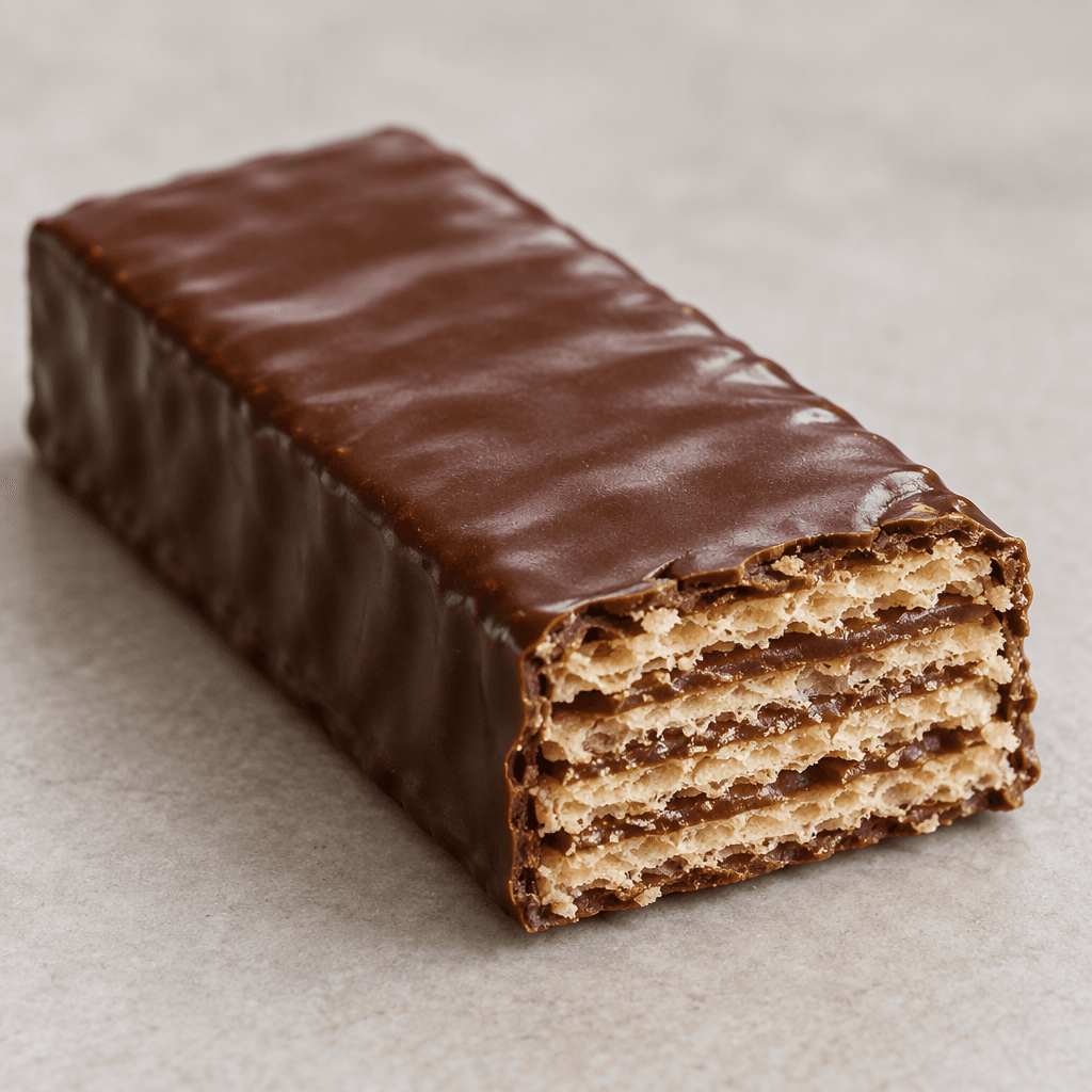 A rectangular chocolate-coated wafer bar with a smooth, glossy brown surface and crisp, thin wafer layers visible along one broken edge.