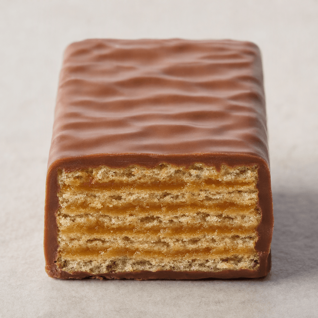 A small rectangular wafer bar coated in smooth brown chocolate, with crisp, thin wafer layers and a caramel-colored filling visible at the cut edge.