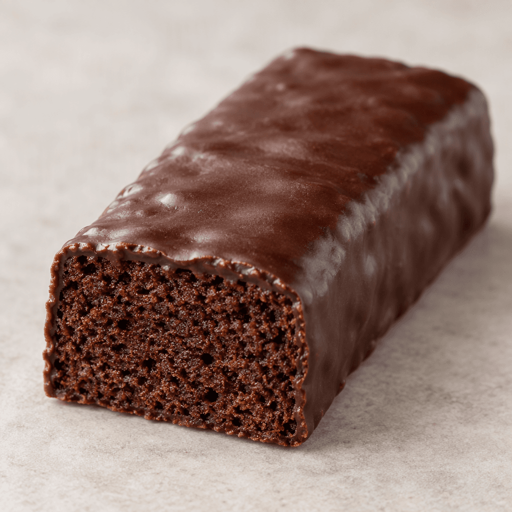 A small, elongated rectangular cake bar with a dark brown chocolate coating and a soft, fine-textured cake layer visible where the end is cut.