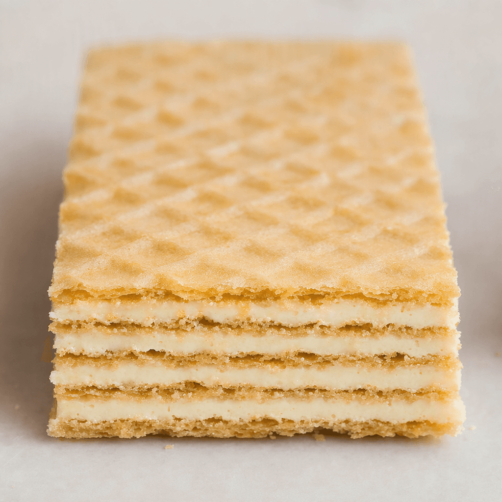 A rectangular wafer bar with thin, golden crisp sheets layered around pale cream filling, its striped layers visible along the cut edge.