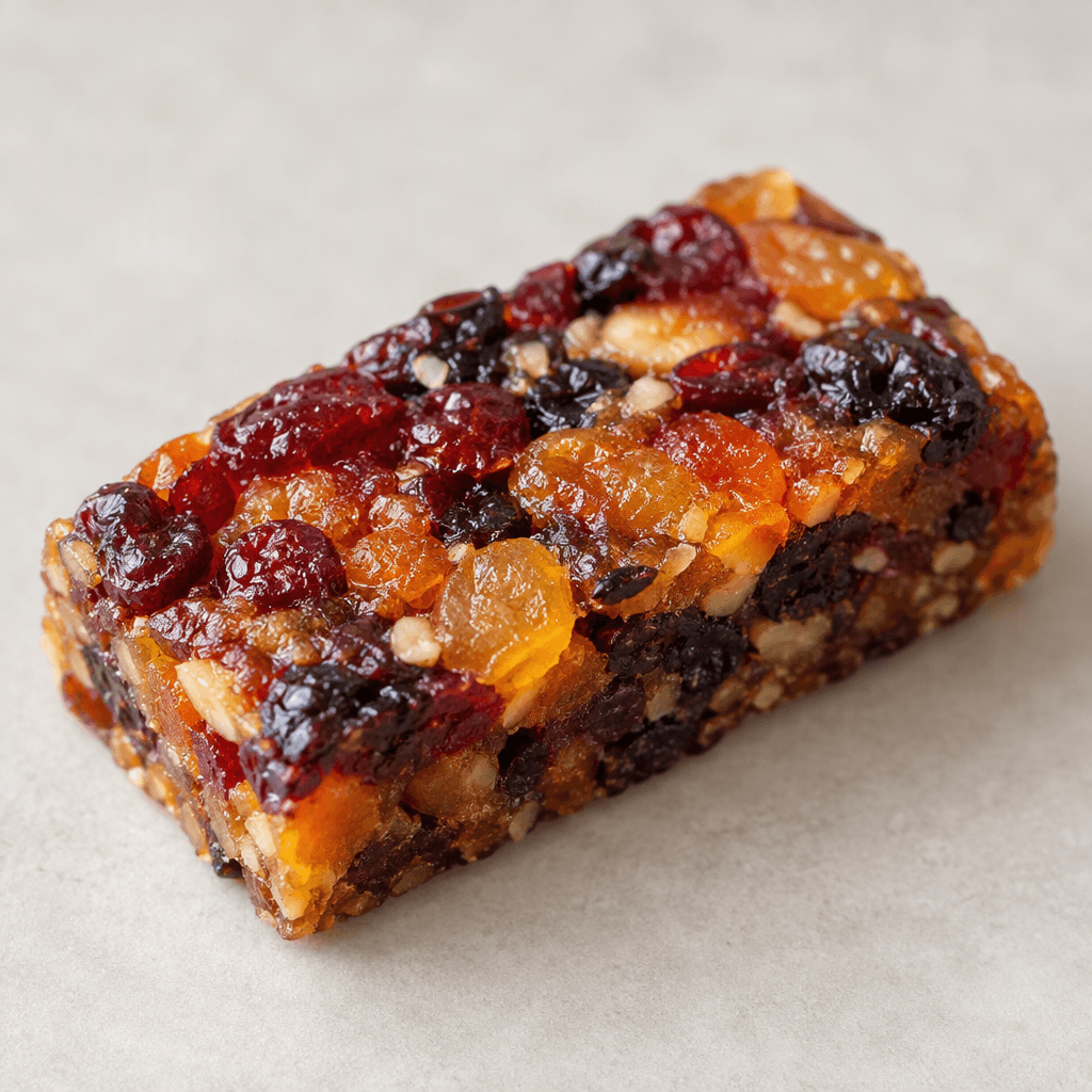 A small, rectangular fruit bar with a dense, slightly chewy-looking surface and a vivid, uneven mix of fruit colours.
