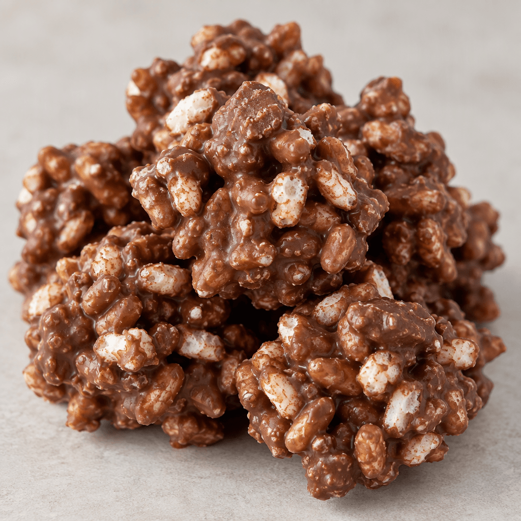 Small, irregular clusters of pale puffed rice are bound together and coated in brown chocolate, with a rough, bumpy surface and a few crisp grains visible.