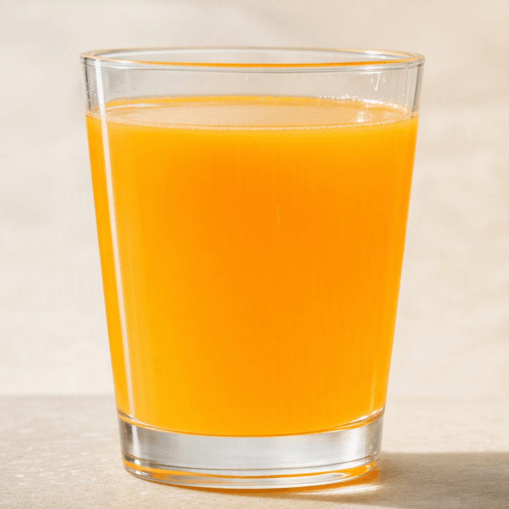 A translucent, bright orange drink fills a clear glass, with a smooth surface and no visible garnish.