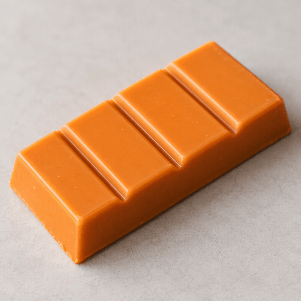 A small, rectangular orange-colored chocolate bar with a smooth surface and shallow molded divisions across the top.