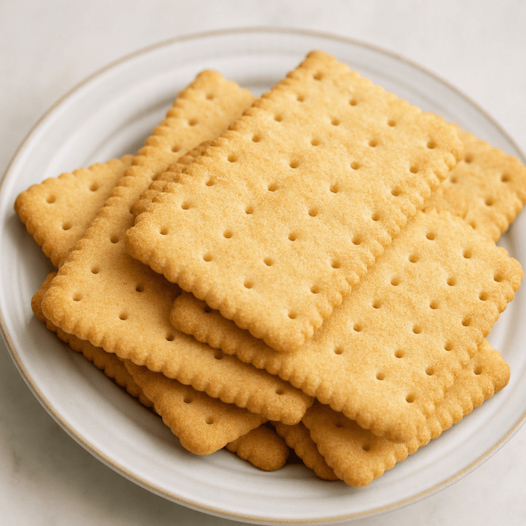 Several thin, pale golden-beige rectangular biscuits with lightly scalloped edges and small evenly spaced holes are stacked on a plain plate, their surfaces dry and finely textured.