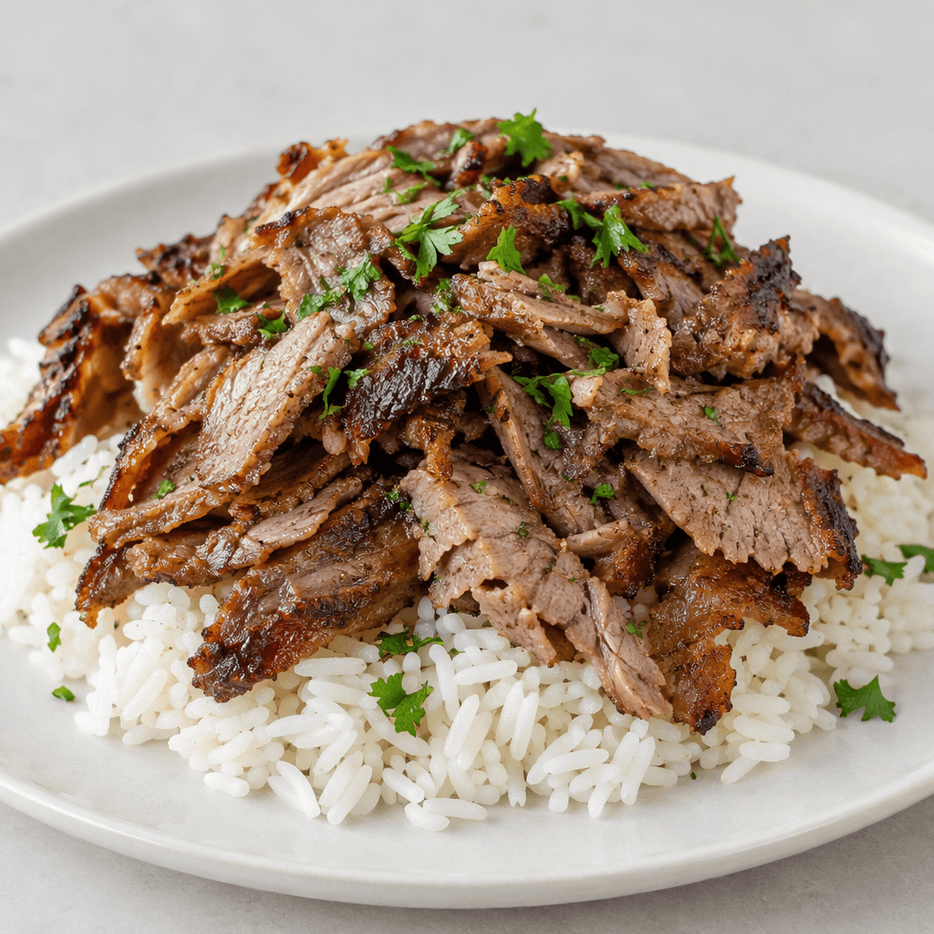 Thin, irregular strips of browned döner meat with crisp darker edges are piled over a mound of fluffy white rice on a plate, with a few scattered green herbs visible on top.
