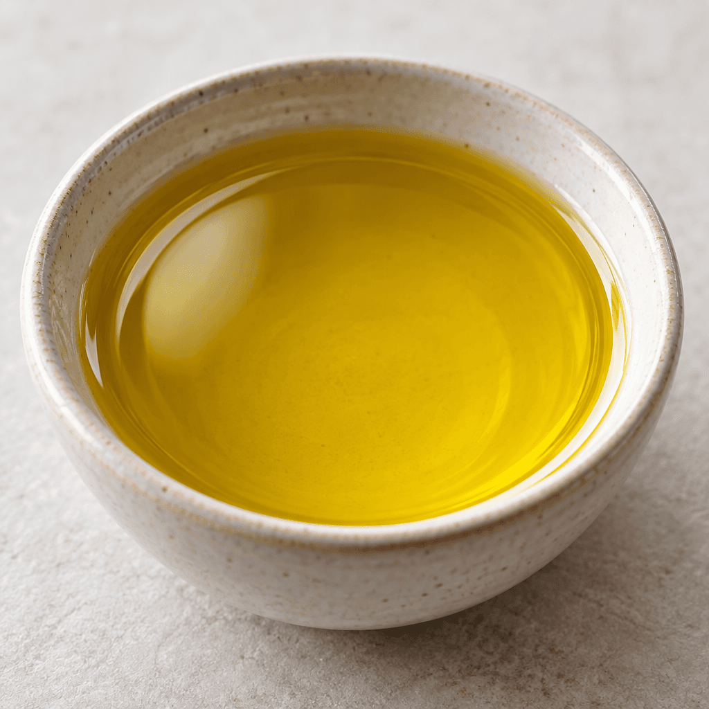 A shallow pool of clear, pale golden oil gleams in a small dish.