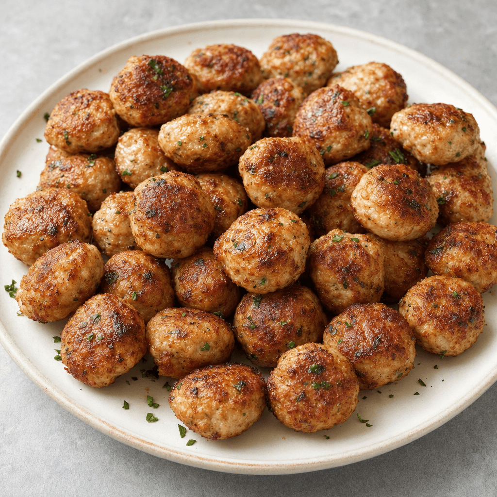 Small, compact, round-to-oval chicken meatballs with evenly browned, slightly textured surfaces are arranged on a plate.