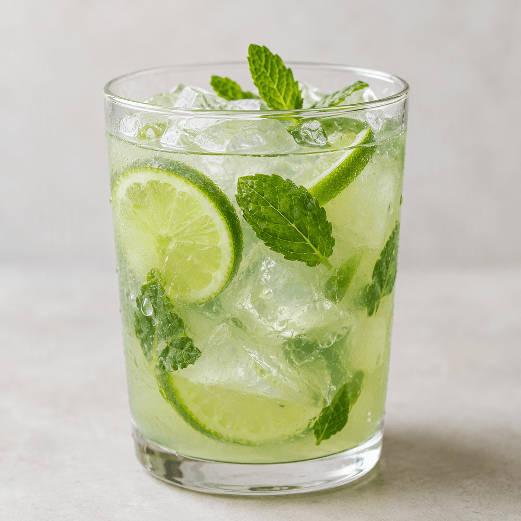 A pale green, translucent drink is served over ice with visible lime slices and mint leaves floating in the glass.