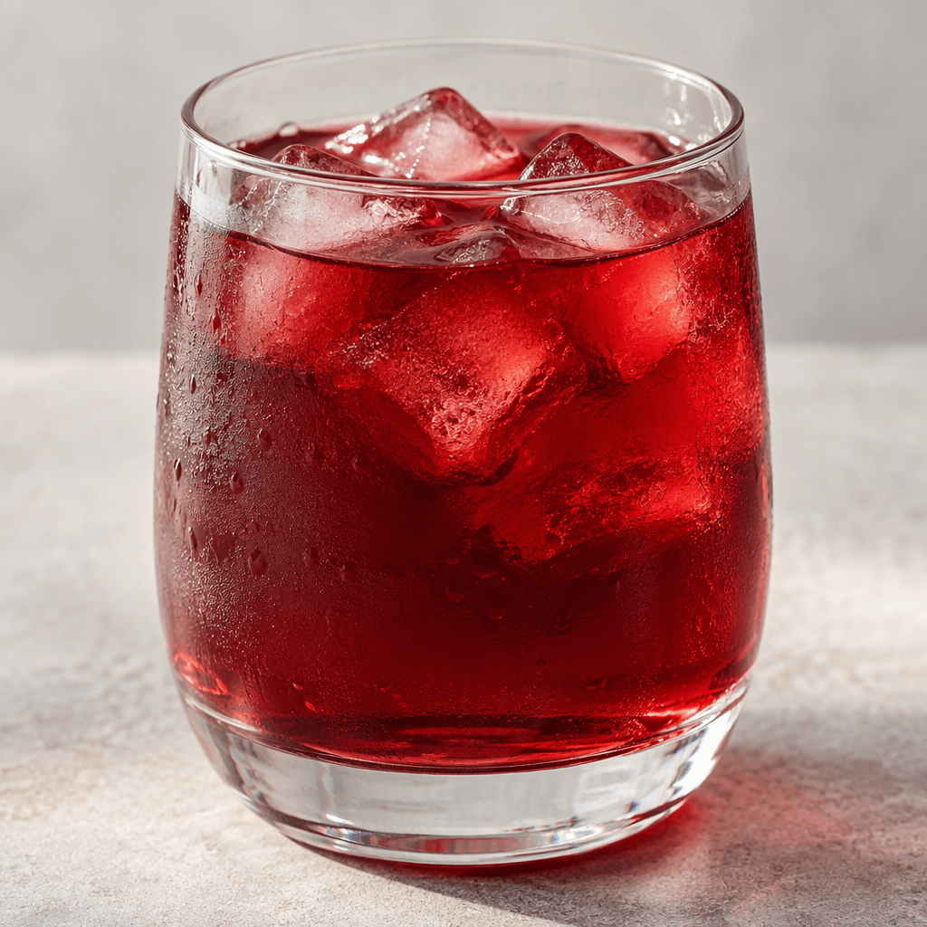 A clear glass holds deep ruby-red hibiscus iced tea with translucent ice cubes floating near the surface.