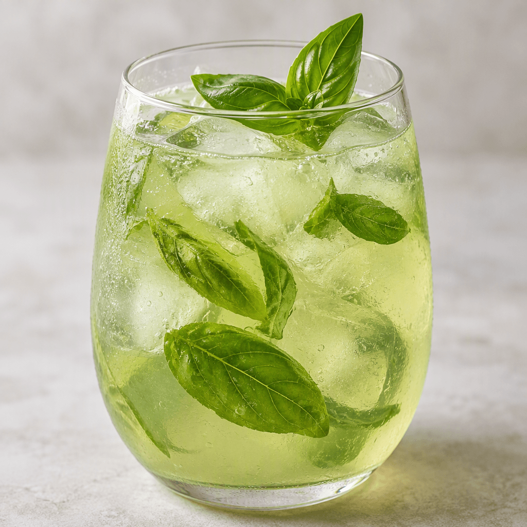 A pale green, translucent drink is served in a clear glass with fresh basil leaves visible in the liquid.