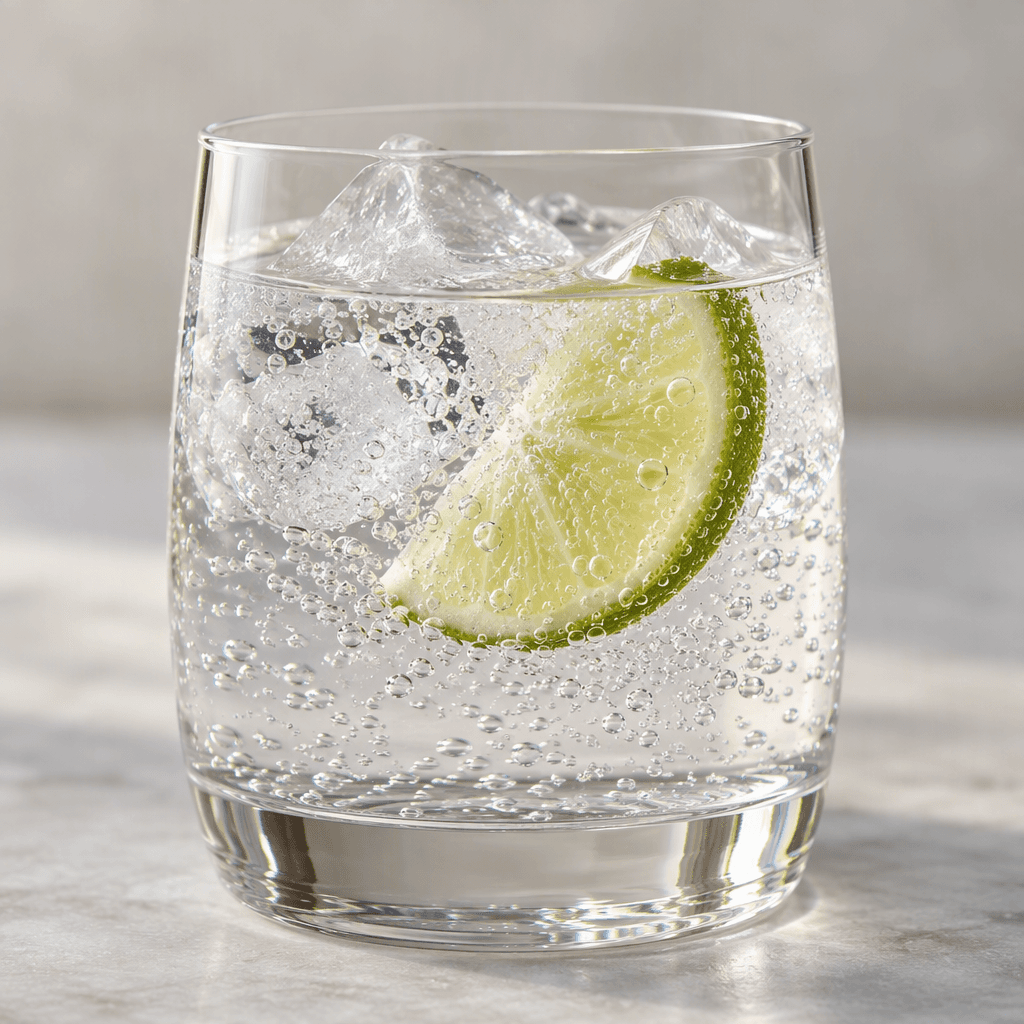 A clear, lightly sparkling drink sits in a transparent glass, with fine bubbles rising through the liquid and a few ice cubes near the surface.