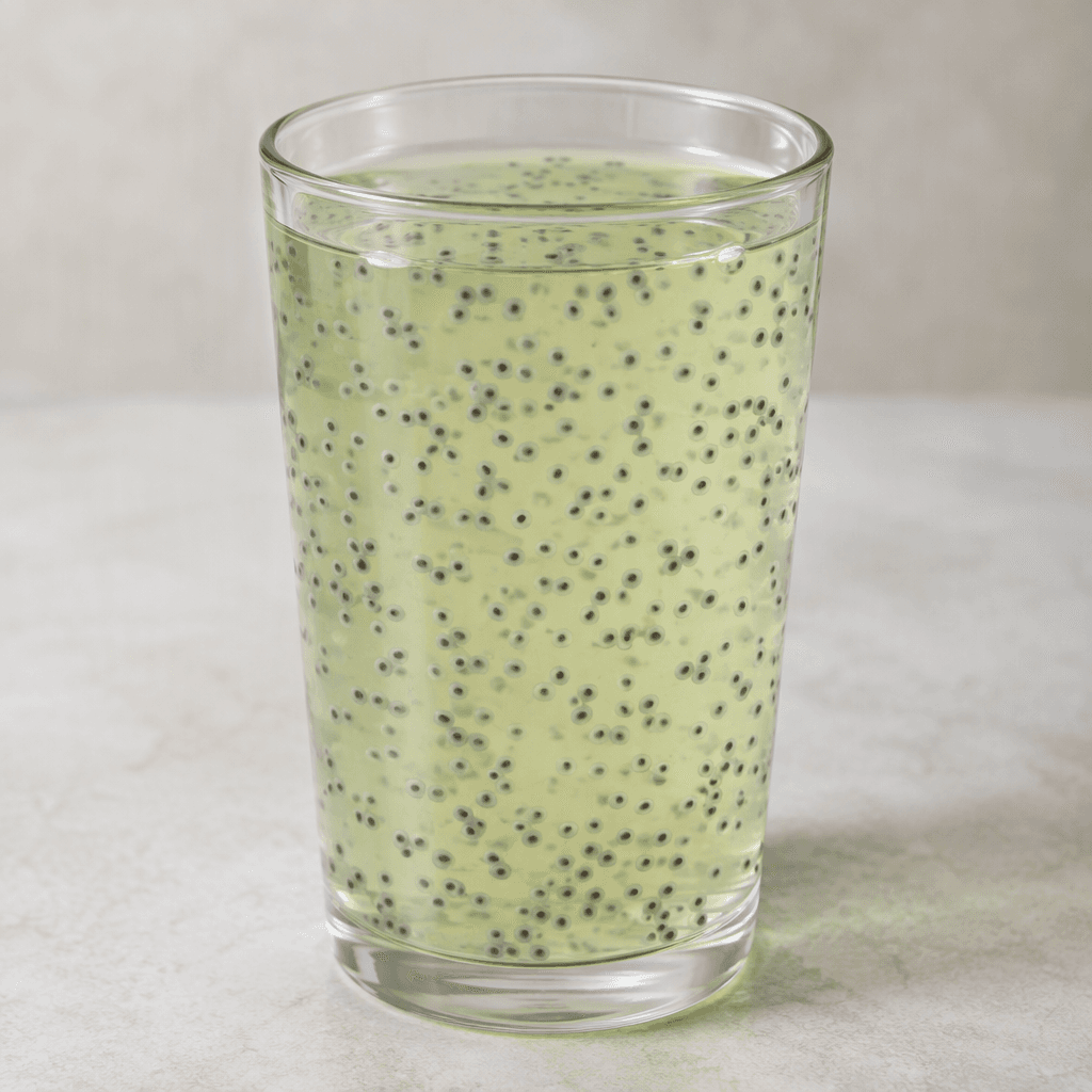 A clear, pale green drink with tiny black basil seeds suspended throughout, served in a transparent glass.
