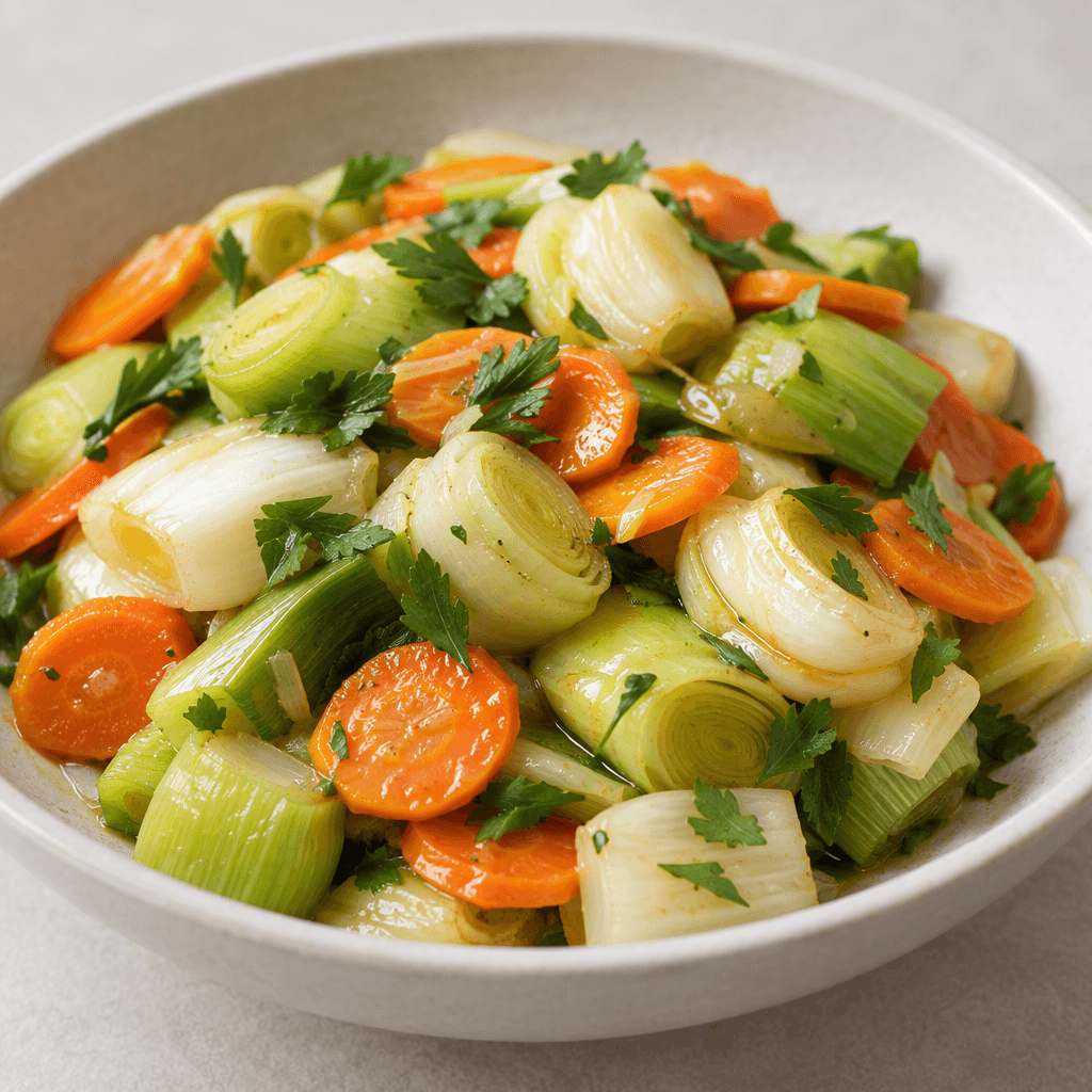 Pale green and white leek pieces, interspersed with thin orange carrot slices, are arranged in a shallow dish with a glossy, lightly sauced surface and scattered fresh herb leaves.