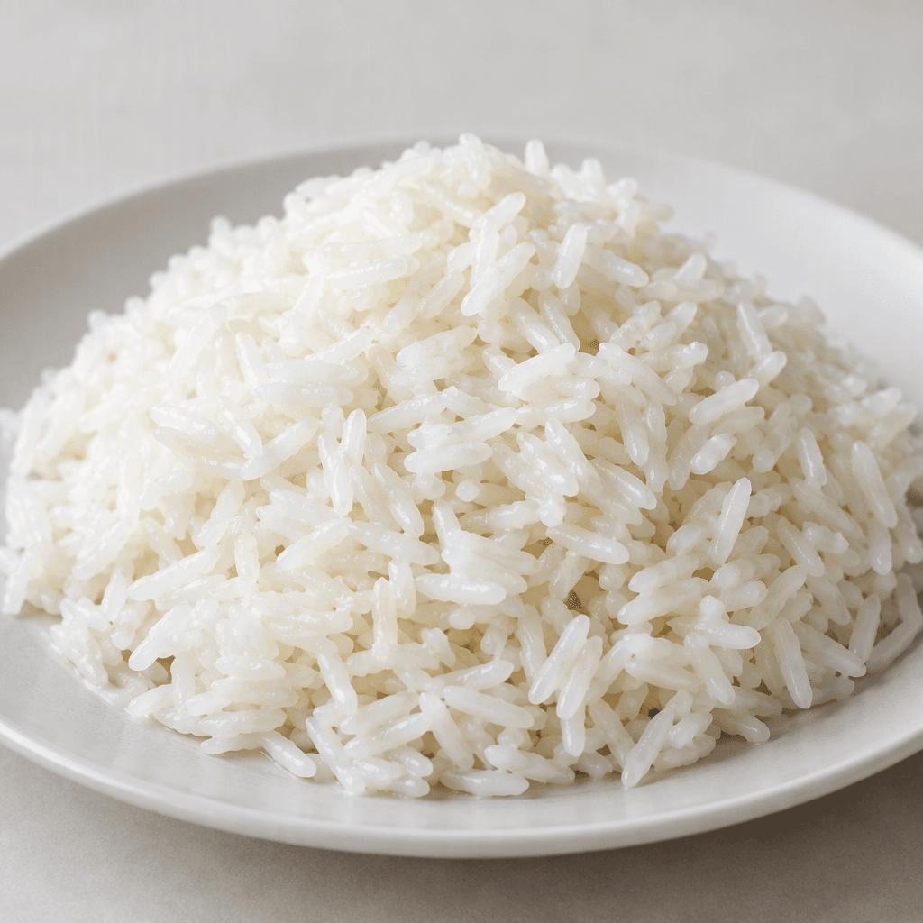 A mound of separate, plump white rice grains with a soft, slightly glossy surface, served plain on a plate.