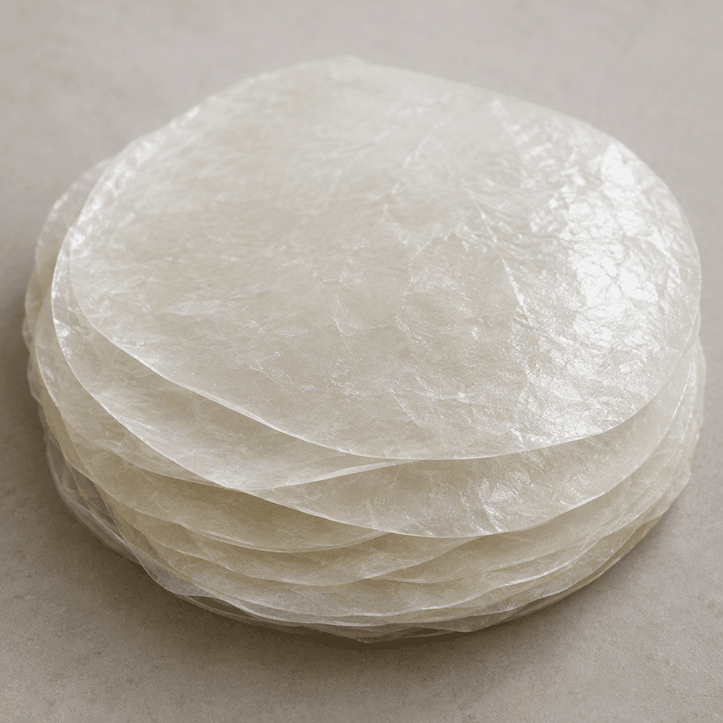 Thin, translucent white sheets of rice paper with a smooth, slightly glossy surface, stacked flat with softly rounded edges and a few overlapping sheets showing their delicate, brittle texture.