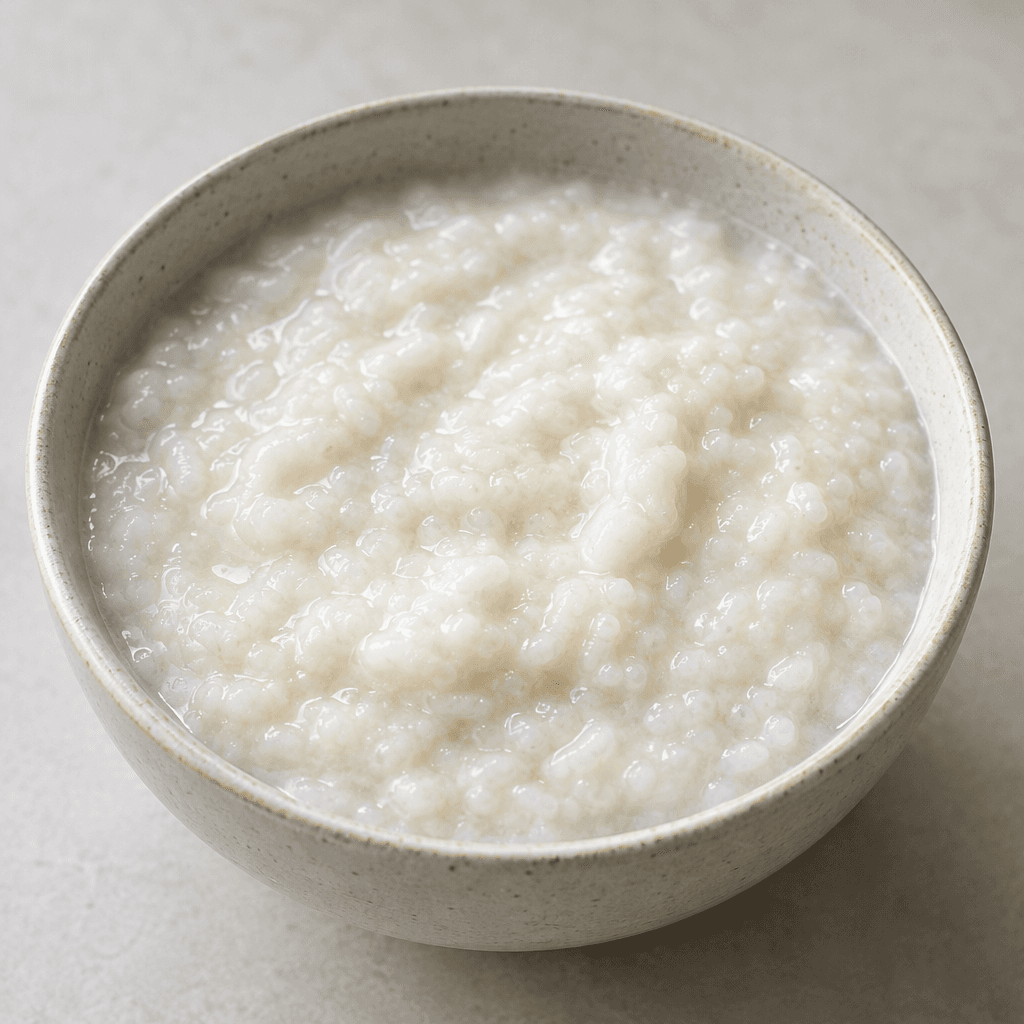 A bowl filled with thick, creamy-white rice porridge, with soft swollen rice grains visible throughout the smooth, glossy mixture.