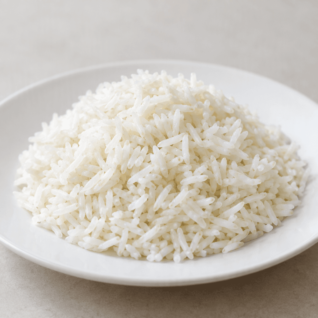 A mound of fluffy, separate white rice grains with a soft sheen, served simply on a plain plate.