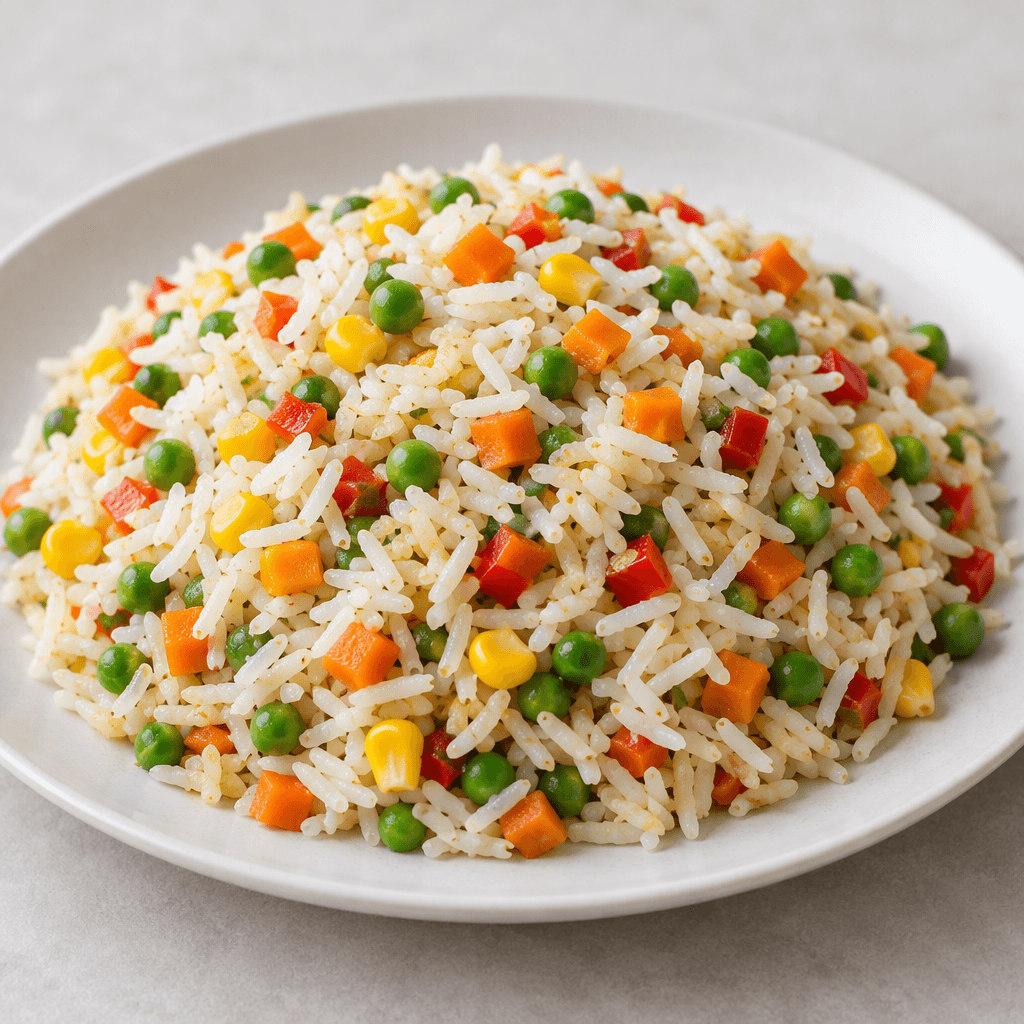 A mound of fluffy long-grain rice mixed with small green peas, orange carrot cubes, yellow corn kernels and tiny red pepper pieces, served on a plain plate with the separate grains and vegetables clearly visible.