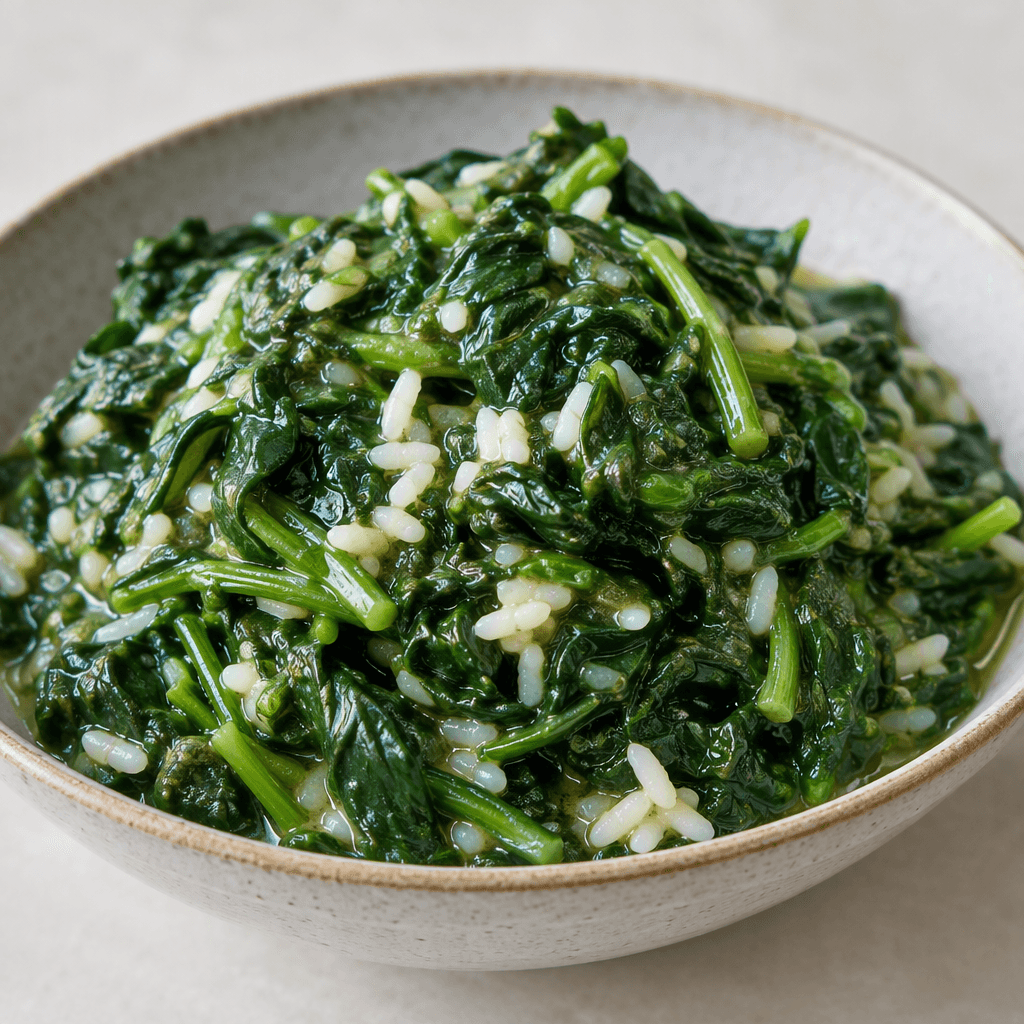 A mound of dark green, tender spinach leaves and stems sits in a shallow bowl with visible white rice grains among the glossy, thickened sauce.